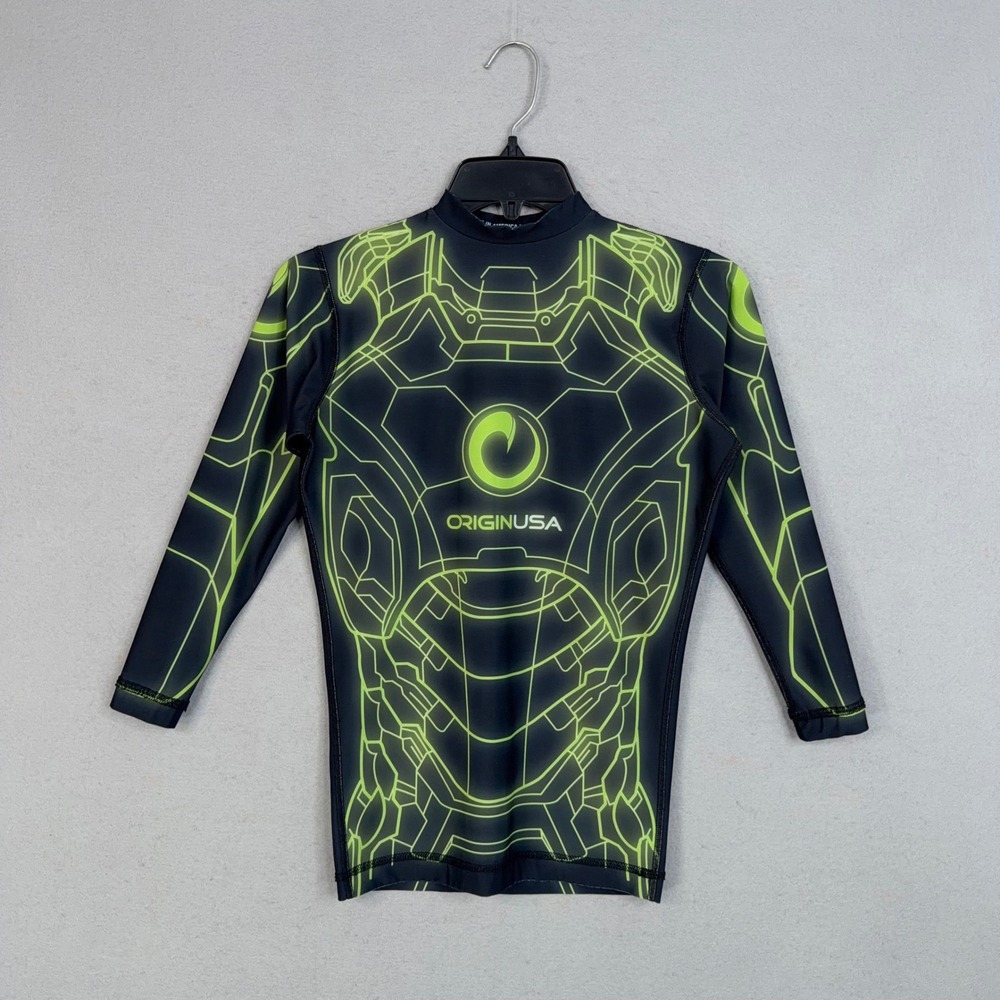 Origin USA Rash Guard Mens XS Black Neon Green Geometric BJJ MMA Compression Gym